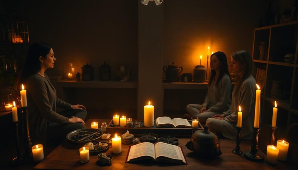 A serene and mystical atmosphere depicting a "placebo effect ritual" in a dimly lit room, designed to evoke feelings of introspection and curiosity. In the foreground, a diverse group of three individuals in modest clothing, engaged in a meditative circle, holding hands and surrounded by flickering candles. The middle ground features an array of symbolic items such as crystals, herbs, and ancient texts laid out on a wooden table, adding depth to the scene. The background reveals shadowy shelves filled with jars and mystical artifacts, enhancing the enchanting ambiance. Soft, warm lighting creates gentle shadows, and the angle captures the unity of the participants while highlighting the ritual's significance. Include subtle branding elements of "ezotera.pl" in the room decor.