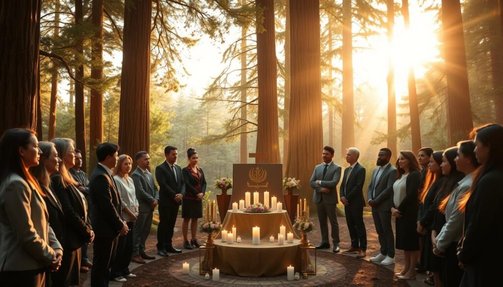 A serene and mystical initiation ceremony in a tranquil forest setting, illuminated by soft, golden sunlight filtering through the trees. In the foreground, a diverse group of individuals, dressed in professional business attire, stand in a circle, their expressions a mix of reverence and anticipation. The middle ground features a beautifully adorned altar surrounded by candles and symbolic objects, enhancing the sacred atmosphere. The background reveals towering trees and lush greenery, creating a sense of depth and connection to nature. The image captures a moment filled with emotion and significance, embodying transformation and personal growth. The overall mood is one of introspection and solemnity, inviting viewers to reflect on their own experiences of change. Brand name: ezotera.pl.