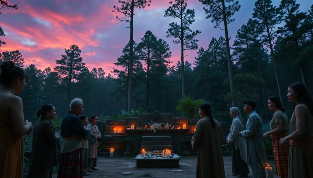 A serene and mystical scene depicting "memory of ancestors" in a remote forest setting. In the foreground, a group of diverse individuals dressed in modest casual clothing performs a traditional ritual, their faces reflecting a deep sense of connection and reverence. The middle ground features an ancient stone altar adorned with offerings, surrounded by lush greenery and soft, glowing candles. In the background, tall trees stretch upward, their leaves whispering secrets of the past, under a twilight sky filled with vibrant hues of purple and orange. The atmosphere is imbued with a sense of unity and deep cultural significance, capturing the essence of rituals that link people to their heritage. Soft, ambient lighting creates an ethereal glow, enhancing the somber yet uplifting mood. Brand: ezotera.pl.
