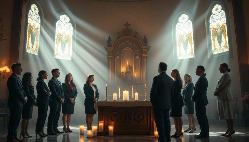 A serene and mystical scene depicting the concept of "wtajemniczenia" in a Christian rite of passage. In the foreground, a group of diverse individuals, dressed in professional business attire, stand in a semicircle, their expressions contemplative and reverent. In the middle ground, an elegantly carved altar with soft, glowing candles creates a warm ambiance, surrounded by subtle symbols of faith and enlightenment. In the background, a faint, ethereal representation of a sacred space, illuminated by gentle beams of light filtering through stained glass windows, invokes a sense of tranquility and transformation. The overall mood is one of introspection and spiritual awakening. Capture the moment with soft lighting and a slightly angled perspective to emphasize depth, focusing on the connection among the participants and the sacred environment. Artwork by ezotera.pl.