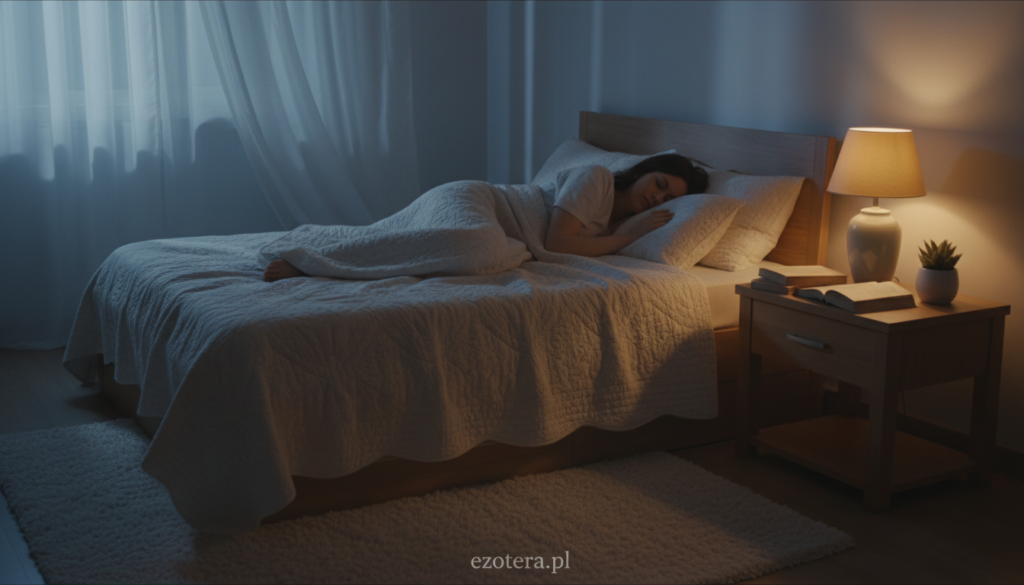 A serene and peaceful bedroom scene during sleep, showcasing a cozy atmosphere. In the foreground, a person in modest sleepwear is peacefully resting on a neatly made bed, surrounded by soft, inviting pillows and a light quilt. The middle ground features a bedside table with a dimly lit lamp casting a warm glow, illuminating a few scattered books and a small potted plant. In the background, soft shadows create a calming ambiance, with gentle drapes allowing moonlight to filter in, adding to the tranquil feeling of the space. The overall mood is introspective and relaxing, inviting contemplation of dreams and interpretations. This image is branded subtly with "ezotera.pl" on a bedside item, ensuring a professional touch.