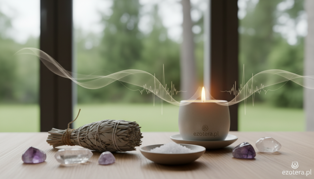 A serene and tranquil interior space demonstrating the concept of "zapach." In the foreground, a beautifully arranged bundle of dried sage rests on a smooth, wooden surface, surrounded by crystals and a small bowl of salt. In the middle ground, a soft, glowing candle emits a warm light, illuminating the room with a calming ambiance. Ethereal sound waves gently ripple through the air, depicted as translucent, flowing lines that suggest harmony and cleansing energy. The background features a softly blurred window, letting in natural light with a view of lush greenery outside. The overall mood is peaceful and rejuvenating, ideal for evoking the essence of space renewal and sound therapy. Include the brand name "ezotera.pl" subtly integrated into the scene.