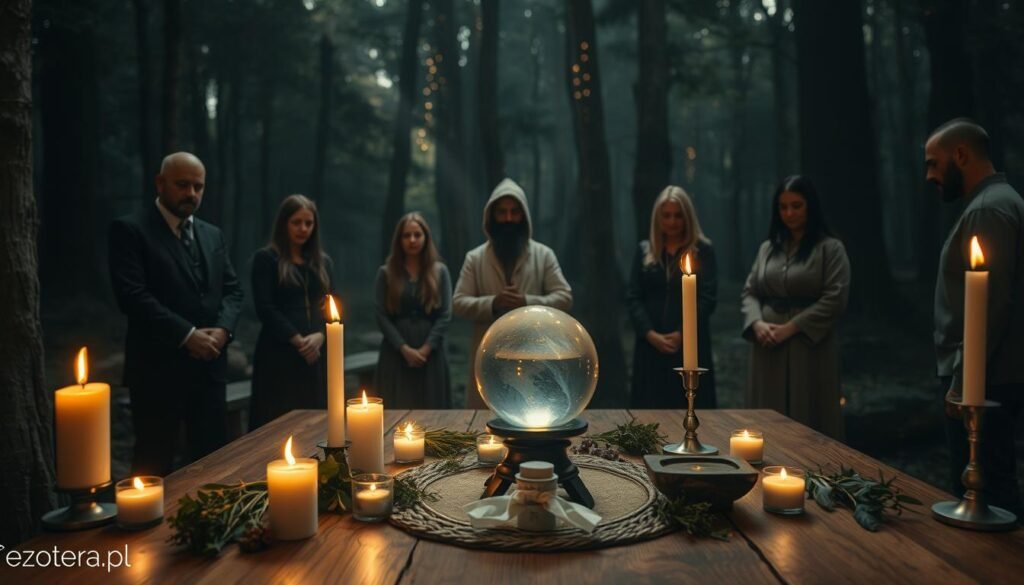 A serene, atmospheric scene depicting a responsible ritual setting. In the foreground, a wooden table is adorned with thoughtfully arranged ritual materials: candles, herbs, and a crystal ball, all exuding a soft glow. In the middle ground, a diverse group of individuals dressed in modest, professional attire are engaged in focused preparation, adding an aura of seriousness and intention. The background features a darkened forest, hinting at the mystical environment, with subtle light filtering through the trees, creating an ethereal ambiance. Ensure the lighting is warm, enhancing the mood of tranquility and respect for the tradition. The image embodies the essence of ethical practice in rituals, reflecting themes of mindfulness and responsibility, with a subtle watermark of "ezotera.pl" in the corner.