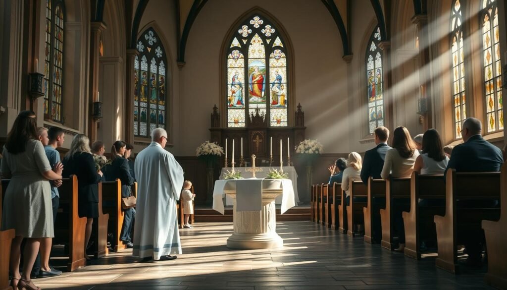 A serene baptism ceremony set in a softly lit church interior, with gentle rays of sunlight streaming through stained glass windows, creating a colorful play of light on the stone floor. In the foreground, a priest in a flowing white robe stands at a baptismal font, surrounded by family members dressed in modest, professional attire, attentively observing the ritual. The middle ground features a beautifully decorated altar adorned with candles and white lilies, enhancing the sacred atmosphere. In the background, rows of wooden pews filled with supportive friends and family create a sense of community and tradition. The overall mood is respectful and introspective, capturing the transformative essence of the baptism ritual. The image should embody a sacred, reverent feeling, ideal for illustrating the fundamental steps of this significant ceremony for ezotera.pl.