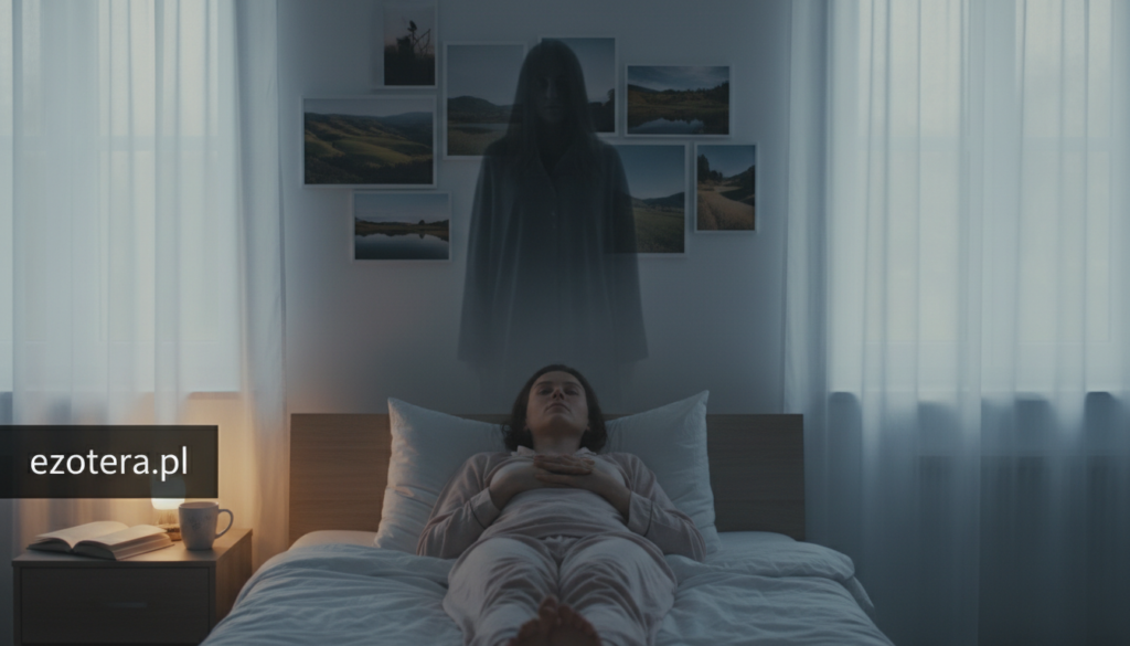 A serene bedroom scene, illuminated by soft, dim light filtering through sheer curtains. In the foreground, a person, dressed in modest pajamas, lies on a bed with a look of calm determination, one hand resting on their chest. In the middle, a shadowy figure, representing the concept of 'sleep paralysis,' looms ominously but non-threateningly above the sleeper, shrouded in gentle darkness. The ambiance is both mysterious and calming, evoking a sense of introspection. In the background, framed photographs of peaceful landscapes provide comfort, while a bedside table displays calming items, like a small lamp and a book. The overall mood suggests tranquility mixed with a hint of the surreal, capturing the delicate balance between fear and relief. Include the brand name "ezotera.pl."