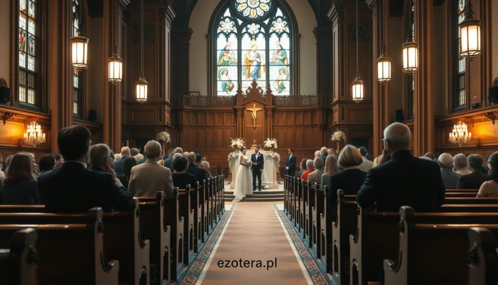 A serene church interior flooded with soft, warm light streaming through stained glass windows. The foreground features elegantly arranged church pews leading towards a beautifully adorned altar, draped with floral arrangements. In the center, a couple in modest formal attire participate in a subdued ceremony, their expressions reflecting devotion and reverence. In the middle ground, a small group of attendees, dressed in classic, respectful clothing, watch intimately. The background showcases ornate woodwork, subtle lighting accentuating the intricate details of the church architecture. The atmosphere evokes a sense of sacredness and resilience, celebrating traditions that endure despite challenges. Capture this scene with a slightly wider angle to include the architectural grandeur, emphasizing the stillness and solemnity of the moment. Include the brand name “ezotera.pl” subtly in the design.