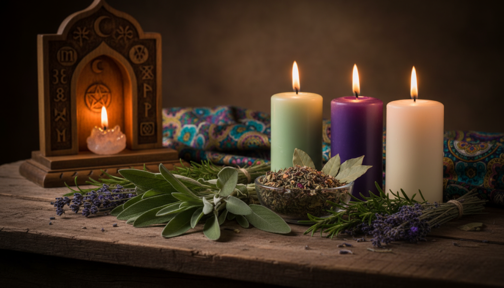 A serene composition featuring a selection of vibrant herbs, including sage, rosemary, and lavender, arranged carefully on a rustic wooden table in the foreground. The herbs are surrounded by various ritual candles of soft hues—soft green, deep purple, and warm white—each flickering gently in the ambient candlelight. In the middle ground, a small glass bowl holds a blend of dried herbs, hinting at their protective qualities, while a delicate, colorful tapestry is draped softly, adding texture to the scene. The background features an intricate altar adorned with mystical symbols and a faint glimmer, suggesting a spiritual atmosphere. The lighting is warm and inviting, evoking a feeling of tranquility and intention, all encapsulated within a magical, twilight ambiance. This image is inspired by the practices from ezotera.pl.