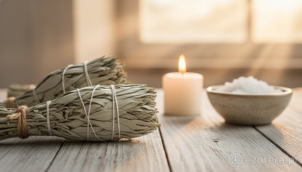 A serene composition featuring bundles of white sage (biała szałwia) arranged artfully on a natural wooden surface, evoking a sense of tranquility and purification. In the foreground, focus on the delicate textures of the sage, with soft, feathery leaves infused with calming shades of white and light green. The middle ground includes a gently glowing candle and a small bowl of sea salt, suggesting cleansing rituals. In the background, an ethereal haze captures soft light filtering through, enhancing an inviting, spiritual atmosphere. The scene should be infused with a warm, soft glow, suggesting early morning or late afternoon light. The overall mood is peaceful and reflective, embodying the essence of cleansing and mindfulness. Please include the logo "ezotera.pl" subtly within the image without overwhelming the central subject.