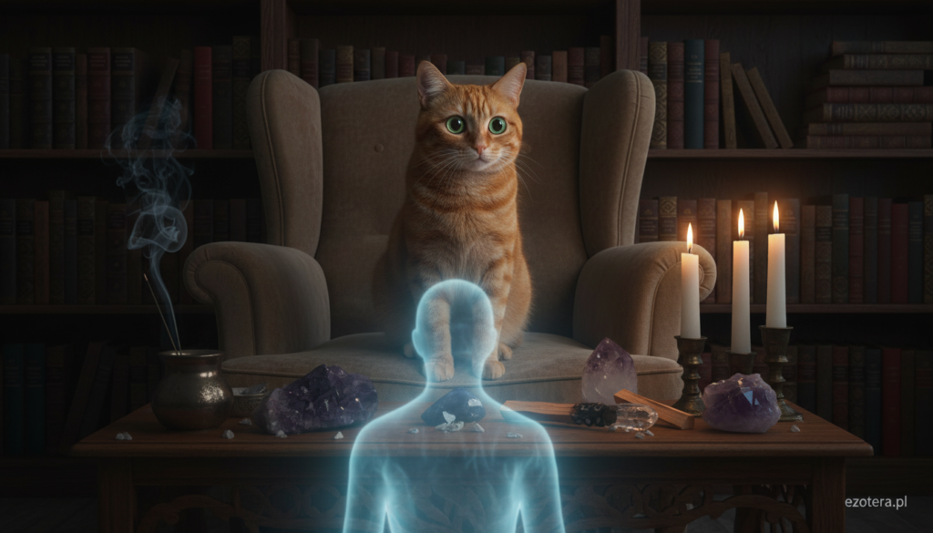 A serene, dimly-lit living room scene featuring a curious cat sitting alertly on a plush armchair, its eyes wide and focused, as if perceiving something unseen. In the foreground, a faint, ethereal glow hints at a possible ghostly presence, creating an ambiguous atmosphere. The middle-ground features soft shadows cast by flickering candlelight and a small table adorned with mystical objects like crystals and incense. In the background, shelves are filled with books on spirituality and animal behavior, suggesting a blend of the natural and the supernatural. Soft, warm lighting highlights the textures of the cat's fur and the cozy room while casting an air of mystery. The mood is contemplative and slightly eerie, inviting viewers to ponder the unseen connections between animals and the spiritual world. Artwork inspired by ezotera.pl.