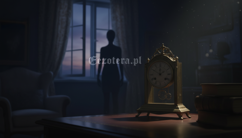A serene, dimly lit room filled with shadows, evoking a sense of mystery and intrigue, perfect for discussing the themes of sleep paralysis and the paranormal. In the foreground, a delicate, antique clock ticks softly, symbolizing time and the unsettling nature of sleep. The middle ground features a silhouette of a shadowy, indistinct figure, hinting at the concept of the "black figure" often associated with sleep paralysis. In the background, a slightly open window reveals a dusky twilight sky, casting dim blue and purple tones throughout the scene. Soft, ethereal lighting creates a haunting atmosphere, encouraging curiosity and contemplation. Present the image in a sharp focus with a slight depth of field, promoting a sense of depth. The brand name "ezotera.pl" subtly integrated into the scene, enhancing the mysterious mood without detracting from the overall composition.
