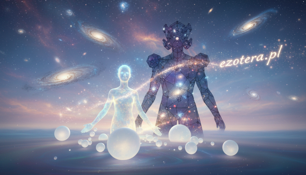 A serene, ethereal landscape illustrating the differences between spirits (duchy) and astral beings (byty astralne). In the foreground, depict a wise spirit, resembling a shimmering figure of translucent light with gentle features, surrounded by soft glowing orbs, symbolizing consciousness. In the middle, an astral being appears as an intricate, geometric silhouette filled with cosmic patterns and stars, representing its celestial origin and purpose. The background features a mystical night sky with swirling nebulae and distant galaxies, suggestive of higher realms. Use soft, ethereal lighting to create a tranquil, otherworldly atmosphere. Angle the scene slightly upward, inviting the viewer to contemplate the spiritual journey. The image should convey depth and clarity while remaining professional and engaging, with subtle branding of "ezotera.pl" integrated into the celestial elements.