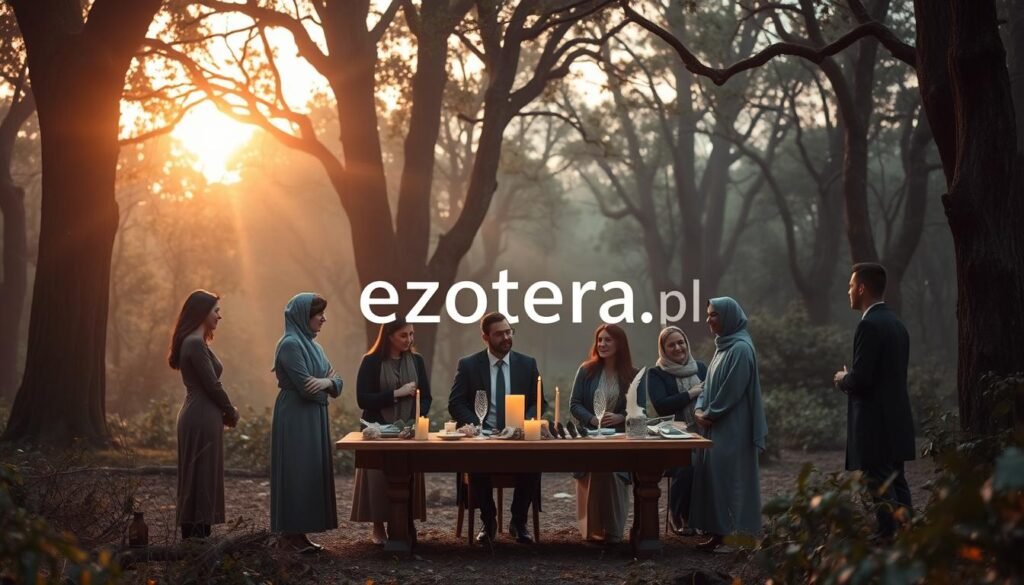 A serene forest clearing at dusk, bathed in soft, ethereal light filtering through ancient trees. In the foreground, a small group of diverse individuals dressed in professional, modest clothing gather around a wooden table adorned with candles and ceremonial objects, engaging in respectful discussion. The middle ground features delicate, symbolic elements such as feathers and crystals, representing the harmony of different beliefs. In the background, hints of mysterious foliage suggest the hidden traditions and rituals discussed within. The atmosphere is contemplative and respectful, embodying unity and understanding amidst diversity. The overall image conveys a sense of peace and collaboration, without conflict. Include the brand name "ezotera.pl" subtly integrated into the scene, enhancing the mystical aura.