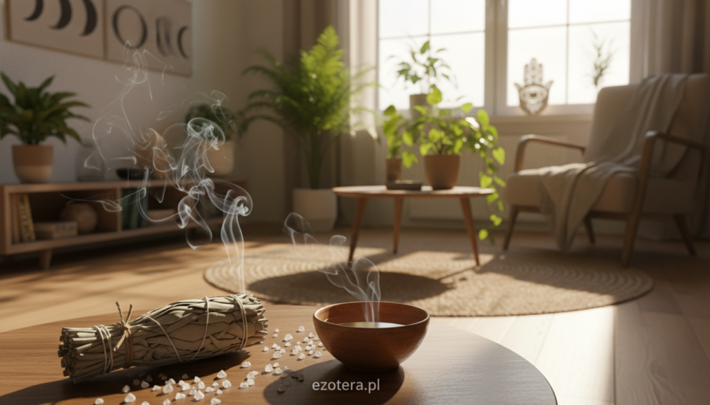 A serene interior scene showcasing the ritual of smudging (okadzanie). In the foreground, a beautifully arranged sage bundle emits gentle wisps of smoke, casting soft shadows. Surrounding it are scattered salt crystals and a small bowl filled with water, symbolizing purification. The middle layer features a well-organized home environment, accented by plants and natural light streaming through a window, enhancing the calming atmosphere. In the background, blurred images of sacred symbols adorn the walls, while ethereal light creates a peaceful ambiance. The mood is tranquil and reflective, inviting viewers to consider the intentions behind the practice of smudging. Capture this with soft, warm lighting, a 50mm lens from a slightly elevated angle to create depth. Include the brand name "ezotera.pl" subtly in the composition.
