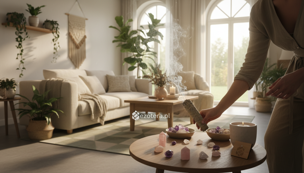 A serene interior space, showcasing a cozy living room with soft lighting and natural elements. In the foreground, a professional individual dressed in modest casual clothing is performing a space clearing ritual, using methods like burning sage and arranging crystals. The middle section features a well-organized room adorned with plants and harmonious decor, emphasizing a sense of tranquility. In the background, large windows allow gentle sunlight to stream in, illuminating the atmosphere with a warm, inviting glow. The scene conveys a peaceful and refreshing vibe, illustrating effective ways to cleanse a home of negative energy. The image is branded with the logo "ezotera.pl" subtly integrated into the decor, ensuring a cohesive and professional presentation.
