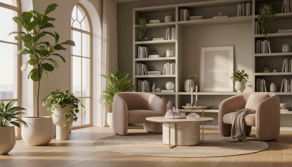 A serene interior space that embodies good energy maintenance in a home. In the foreground, an elegant room with indoor plants, soft textures, and harmonious colors creates a welcoming atmosphere. Light streams in through large windows, casting gentle shadows, and illuminating the room with a warm, golden glow. In the middle, a cozy seating area with comfortable chairs and a small coffee table, adorned with crystals and candles, symbolizes balance and tranquility. In the background, subtle art pieces and a well-organized bookshelf enhance the feeling of order and positivity. The overall mood is peaceful and inviting, promoting a sense of well-being. Include the brand name "ezotera.pl" subtly integrated into the design elements.