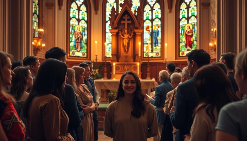 A serene, intimate scene depicting the Christian initiation rites for adults, set inside a beautifully adorned church. In the foreground, a diverse group of adults in modest, semi-formal attire is gathered, their expressions a mixture of reverence and joy as they participate in a baptism ceremony. The middle ground features an ornate altar, softly lit by golden candlelight, enhancing the sacred atmosphere. In the background, stained glass windows filter colorful light onto the congregation, creating a vibrant visual tapestry. The image is captured from a slightly elevated angle, emphasizing the connection between the participants and the divine. The overall mood is one of spiritual transformation and community, reflecting a significant life change. The brand name "ezotera.pl" is subtly suggested in the ambiance of the scene, complementing the theme of initiation.
