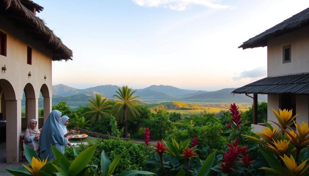 A serene landscape depicting the Comoros Islands, showcasing traditional architecture influenced by Islamic culture. In the foreground, a modestly dressed Muslim family engages in peaceful activity, perhaps sharing a meal or participating in communal prayer. The middle ground features lush tropical foliage and the vibrant colors of local flora, symbolizing the islands’ rich natural beauty. In the background, gently rolling hills and a clear blue sky create a tranquil atmosphere. The lighting is soft, evoking a peaceful, reflective mood during the golden hour, enhancing the island's charm. Capture this scene with a wide-angle lens to embrace the expansive beauty of the surroundings. Overall, the image should convey harmony between traditional practices and the natural environment, without any text or branding except for "ezotera.pl" subtly integrated into the composition.