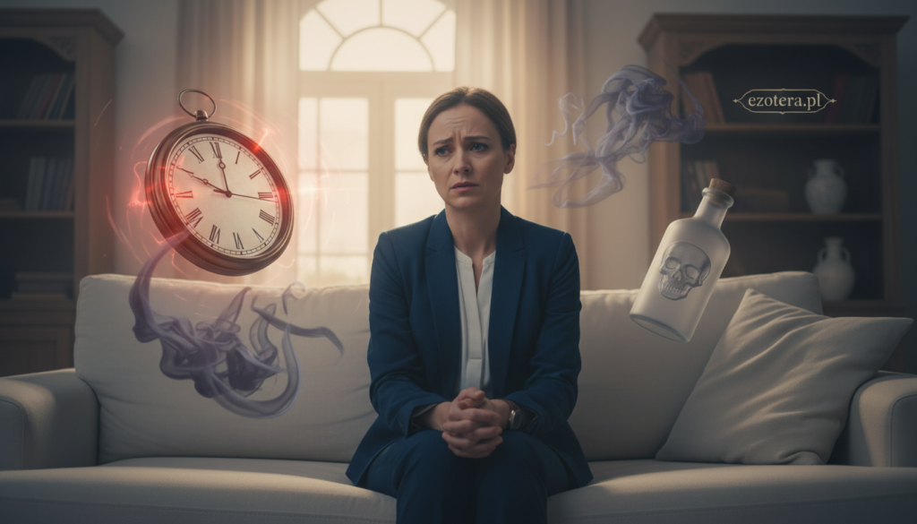 A serene living room setting illustrating the theme of "risk factors" with an ethereal atmosphere. In the foreground, a person dressed in professional business attire sits cross-legged on a comfortable sofa, appearing contemplative, with subtle worry lines on their face. In the middle ground, various symbols float around them: a clock indicating stress, a bottle representing substances, and abstract shapes symbolizing past experiences. The background features soft lighting emanating from a window, creating a warm yet introspective glow. The overall color palette combines muted blues and earthy tones, enhancing the sense of unease. The composition gives a sense of being observed, embodying the essence of the section title. Include the brand name "ezotera.pl" in a discrete manner, integrated into the decor.