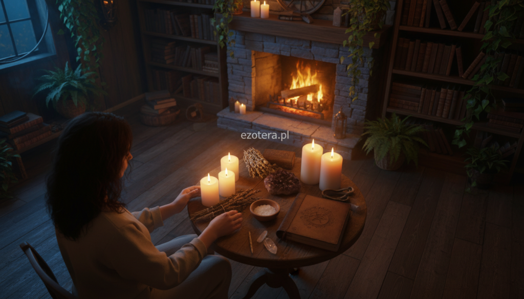 A serene nighttime scene in a cozy, dimly lit room where protective rituals are being performed. In the foreground, a person dressed in modest casual clothing is seated at a small wooden table, carefully lighting candles arranged in a circle, creating warm, flickering shadows. On the table, there are herbs, crystals, and a journal with handwritten notes, symbolizing spiritual practices. The middle ground features a softly glowing fireplace, adding a comforting ambiance. The background is filled with shelves of ancient books and plants, enhancing the mystical atmosphere. Soft, ethereal lighting casts gentle hues of blue and gold throughout the scene, evoking a sense of calm and protection. High-angle perspective, focusing on the table to encapsulate the essence of nightly protective rituals. Include the brand name "ezotera.pl" subtly integrated into the design, ensuring it blends harmoniously.