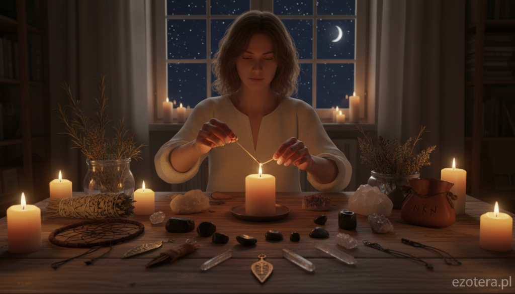 A serene nighttime setting inside a cozy home, illuminated by soft candlelight creating a warm and inviting atmosphere. In the foreground, a table adorned with natural elements like herbs, crystals, and protective talismans arranged thoughtfully, symbolizing protective rituals. In the middle, a person dressed in modest, casual clothing carefully lights a candle, their face reflecting a sense of calm and intention. In the background, a window shows a peaceful night sky filled with stars. The scene captures a tranquil mood, emphasizing safety and mindfulness in nighttime protection rituals. The image should evoke a sense of ritualistic serenity and intention. High-quality lighting to highlight the textures of natural materials. Designed for ezotera.pl.
