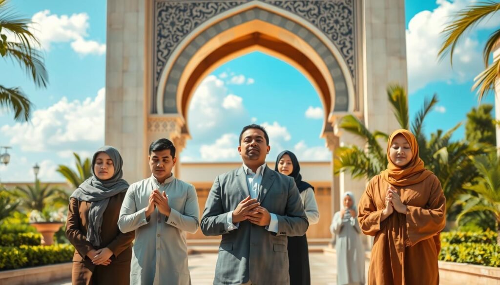 A serene scene depicting a group of five diverse individuals engaged in the ritual of Salaat, set in a tranquil, sunlit outdoor courtyard surrounded by lush greenery and soft, flowing water features. The foreground shows the individuals in modest, professional attire, focused and poised in prayer, with their faces reflecting deep concentration and humility. The middle ground features beautiful arched Islamic architecture that frames the prayer space, adorned with intricate tile patterns. The background captures a bright blue sky with fluffy clouds, symbolizing purity and peace. The lighting is warm and natural, enhancing the peaceful atmosphere. Shot from a slightly elevated angle to encapsulate the communal aspect of the ritual, while ensuring the focus remains on the participants. The image embodies a sense of calm and structure that is central to the practice of Salaat. Image credit: ezotera.pl.