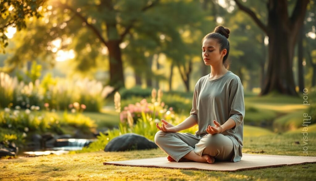 A serene scene depicting a person practicing Metta meditation in a tranquil environment. In the foreground, show a figure seated cross-legged on a soft, natural mat, wearing modest, casual clothing, hands resting in their lap, eyes closed, exuding peace and mindfulness. The middle ground features lush greenery, gentle flowers, and a small, flowing stream, symbolizing tranquility and compassion. In the background, soft, dappled sunlight filters through the leaves of tall trees, creating a warm, inviting glow that enhances the atmosphere of calmness. The composition should capture a balanced, harmonious mood, inviting the viewer to embrace a sense of inner peace and connection. Include a subtle watermark for "ezotera.pl" in one corner, maintaining a professional appearance without distraction.