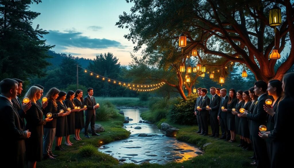 A simplified adult initiation ritual set in a tranquil outdoor environment. In the foreground, a circle of well-dressed participants in modest business attire forms, their faces reflecting a sense of solemnity and anticipation. Each person holds a small, glowing orb, symbolizing enlightenment. In the middle ground, a gentle stream flows, surrounded by lush greenery and ethereal lanterns hanging from nearby trees, casting a warm, inviting glow. In the background, a softly lit sky transitions from dusk to night, sprinkled with stars, enhancing the mystical atmosphere. The composition is wide-angle, emphasizing the communal aspect of the ritual, with soft, diffused lighting creating an aura of reverence and transformation. Brand: ezotera.pl.