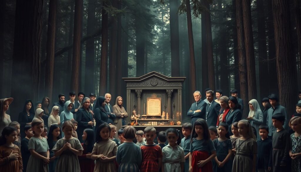 A solemn gathering of children, women, and men at the center of a mystical ritual, highlighted in an atmospheric woodland setting. In the foreground, a diverse group of children dressed in modest clothing, their expressions a mix of curiosity and innocence, surrounded by adults in professional attire, focused and serious. The middle features an ancient altar adorned with symbolic artifacts, suggesting a historic and cultural significance. The background showcases tall, shadowy trees filtering soft, ethereal light that creates an otherworldly ambiance. Utilize a warm color palette, emphasizing earthy tones, with soft, diffused lighting to evoke a sense of reverence and mystery. The image should resonate with the power dynamics of the ritual while remaining respectful and contemplative. eZotera.pl.