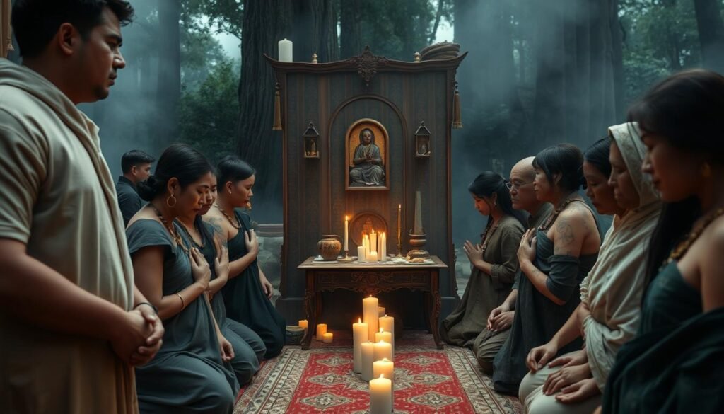 A solemn ritual scene depicting body modification as a form of spiritual expression. In the foreground, a diverse group of individuals dressed in modest, culturally significant clothing, each with distinct facial expressions reflecting deep contemplation and reverence. Among them, subtle rituals of body alteration, like scarification, are being performed in a respectful and sacred manner. The middle ground features a well-decorated altar with traditional artifacts and candles, gently flickering and casting warm light, creating an intimate atmosphere. In the background, ethereal mist envelops a forest setting, enhancing the sense of mystery and spirituality. The scene is captured from a low angle to emphasize the participants’ gazes toward the altar, with soft focus on the environment to convey a meditative mood. The image is intended to evoke reflection on faith and cultural practices, associated with the brand "ezotera.pl".