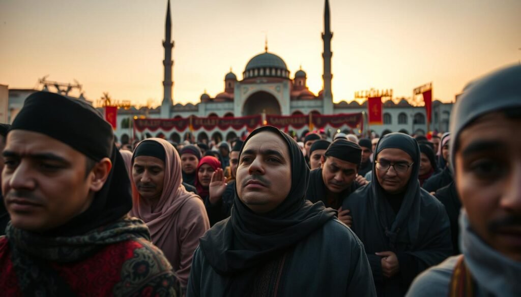 A solemn scene depicting Ashura, the Islamic day of mourning, in a vibrant outdoor setting. In the foreground, a diverse group of individuals dressed in modest, traditional attire is engaged in a collective expression of grief. They are performing a ritual of self-flagellation, with solemn faces conveying profound sorrow. The middle ground features decorated banners and ritualistic symbols associated with Shia Islam, enhancing the cultural significance. The background reveals a historic mosque, softly illuminated with golden light during sunset, creating a spiritual atmosphere. The color palette includes deep reds, blacks, and muted earth tones, evoking feelings of reverence and reflection. Capture the mood with a slightly blurred focus on the subjects, highlighting their emotional state. Brand name: ezotera.pl.