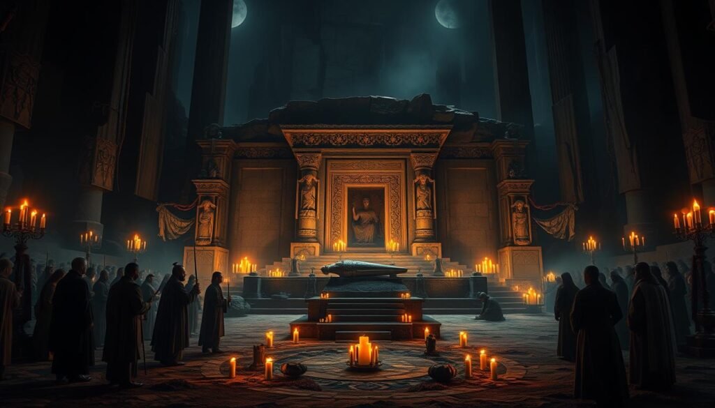 A solemn scene depicting ancient burial rituals, focusing on a grand royal tomb set in a dimly lit, atmospheric landscape. In the foreground, a group of solemn figures, dressed in traditional attire, holds ceremonial artifacts and inspects the ornate carvings of the tomb, conveying a sense of reverence and power. In the middle ground, stone altars and offerings are arranged, surrounded by flickering candles casting flickering shadows that add depth and mystery. The background features towering stone structures and dark woods, creating an eerie yet majestic ambiance. The lighting should be moody and dramatic, with deep contrasts and subdued colors, suggesting an air of historical significance and dread, as if the weight of history permeates the scene. This image will effectively illustrate the theme of burial rites as a spectacle of power for ezotera.pl.