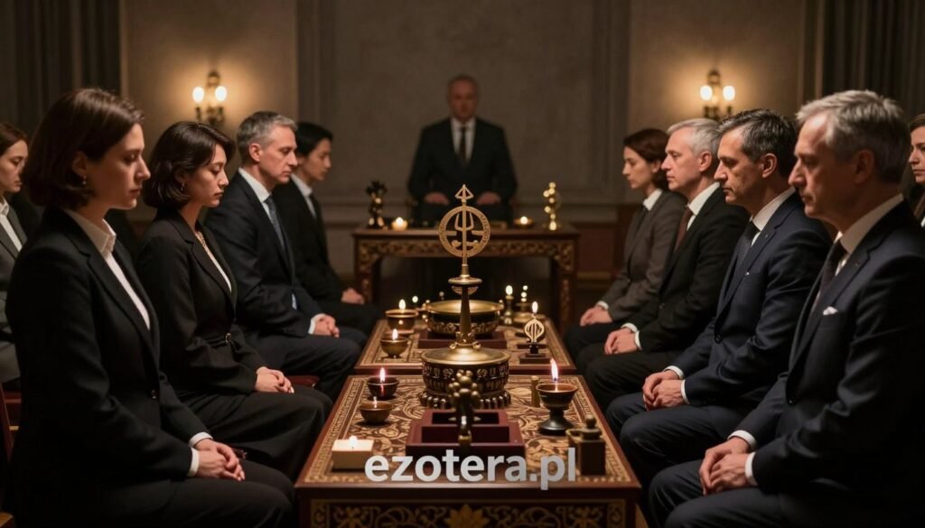 A somber and elegant scene depicting the formalism of ritual practices in a dimly lit, atmospheric setting. In the foreground, diverse individuals dressed in professional business attire engage in a meticulously arranged ceremony, their expressions serious and concentrated. In the middle ground, intricate symbols and artifacts representing tradition and standardization are displayed on a beautifully crafted table, adorned with cultural motifs. The background features soft, ambient lighting that casts gentle shadows, creating an air of reverence and solemnity. The overall mood is one of deep respect for tradition, emphasizing the structured nature of rituals. This image should embody the essence of formality and the importance of ritual, with an artistic touch reflecting the brand "ezotera.pl".