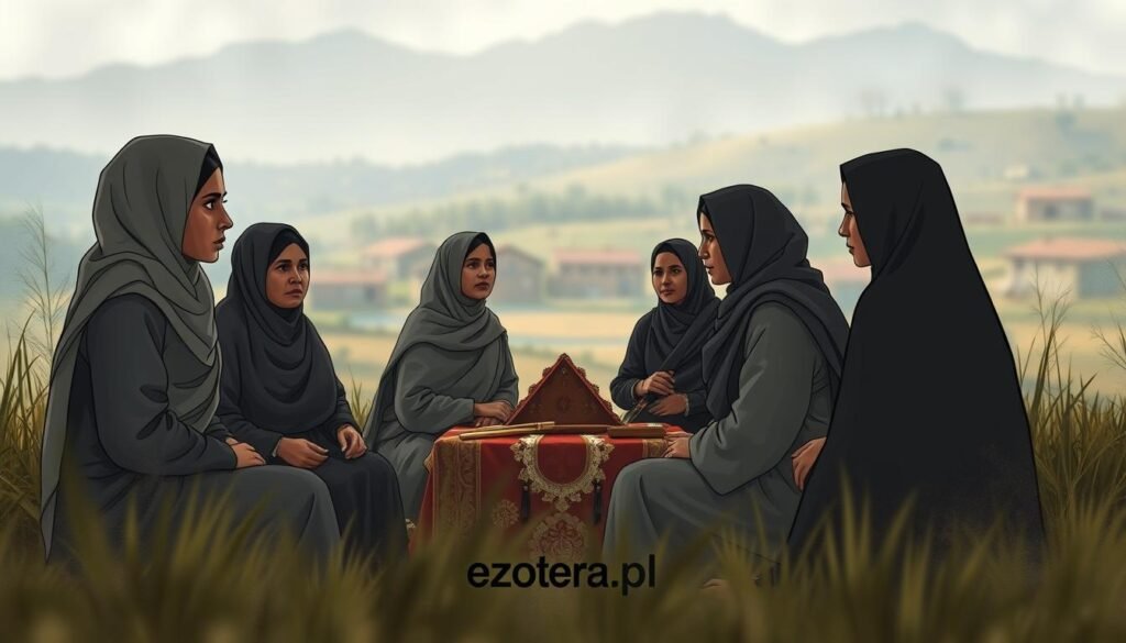 A somber and thought-provoking illustration reflecting the cultural and ethical complexities surrounding female circumcision rituals. In the foreground, a group of women, dressed in traditional modest clothing, are engaged in a quiet dialogue, their expressions conveying a mix of concern and determination. In the middle, a ceremonial setting with symbolic artifacts related to the ritual—like decorative cloth and traditional instruments—surrounds them. The background features a blurred landscape of a village, hinting at the geographical context, under a soft, diffused light creating a reflective mood. Utilize a soft focus lens to enhance emotional depth and convey the weight of the subject matter. The overall atmosphere should evoke contemplation and sensitivity. Include the brand name 'ezotera.pl' subtly integrated into the scene.