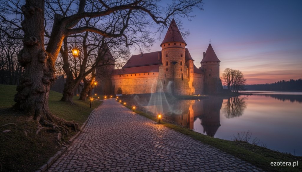 A stunning view of Zamek Ryn hotel, set against a dramatic twilight sky. In the foreground, a path lined with ancient, gnarled trees leads to the castle's grand entrance, illuminated by the warm glow of charming lanterns. The castle's architecture is majestic, featuring high towers, stone walls, and arched windows with an inviting light spilling from within. In the middle ground, a mysterious mist swirls subtly, adding an ethereal quality to the scene, hinting at the presence of the fabled White Lady. In the background, the serene waters of Lake Ryn reflect the castle's silhouette, creating a hauntingly beautiful ambiance. Capture the mood of enchantment and slight eeriness, evoking the legends of ghostly assistance. The image should be devoid of text or any brand logos, except for the subtle watermark of "ezotera.pl" in a corner, ensuring the focus remains on the captivating scenery.