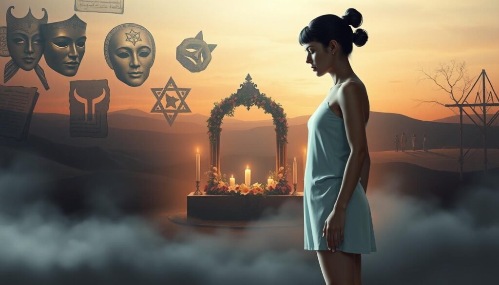 A stylized representation of the human body, illustrated with symbolic elements that signify cultural taboos and beliefs. In the foreground, a modestly clothed figure stands in a thoughtful pose, surrounded by ethereal representations of various taboos from history, such as masks and faded ancient texts. The middle ground features a faintly lit shrine adorned with flowers and candles, casting soft shadows. In the background, an abstract landscape symbolizes societal norms, blending warm and cool hues to create a balanced atmosphere. The scene is illuminated by gentle, diffused lighting that adds a mystical quality, evoking a sense of reverence and contemplation. The overall mood is introspective and thought-provoking, capturing the complexity of rituals deemed blasphemous across different cultures. Brand name: ezotera.pl.