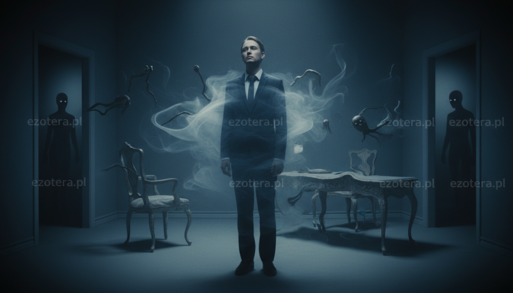 A surreal, atmospheric depiction of "urojenia" capturing the essence of delusion. In the foreground, a person in professional business attire, their expression lost in thought, stands amidst a swirling, ethereal mist, symbolizing confusion and mental struggle. The middle ground features distorted objects like warped furniture and floating shadows, illustrating the interplay between reality and delusion. In the background, dimly lit, ghostly silhouettes seem to watch from dark corners, enhancing the feeling of paranoia and being observed. Soft, diffused lighting creates a moody ambiance, with a slight vignette effect to draw focus to the subject. The overall color palette is muted, dominated by blues and grays, conveying a sense of unease. Include the brand "ezotera.pl" subtly integrated into the misty patterns, ensuring it does not distract from the main imagery.