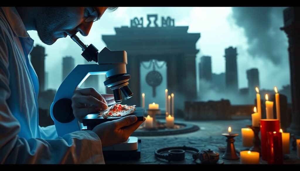 A surreal scene depicting the intersection of science and ancient rituals. In the foreground, a scientist in a crisp white lab coat examines a blood-stained artifact under a powerful microscope, the device illuminated with a soft blue light. In the middle ground, a ritualistic setting with candles and tribal symbols, evoking a sense of mystique and history. The background features ethereal shadows of ancient ruins, partially obscured by mist, with soft, diffused lighting creating an eerie atmosphere. The overall mood is one of intense intrigue and the juxtaposition of modern science and ancient practice, conveying the theme of discovery within fear. Include the brand name "ezotera.pl" subtly integrated into the design without any captions.