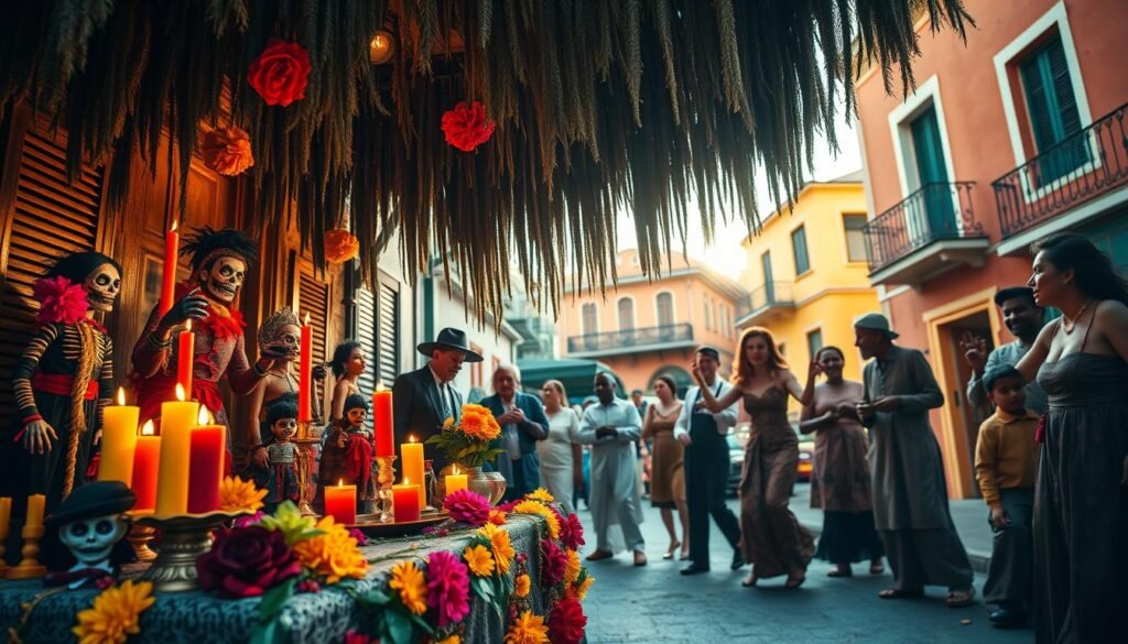 A vibrant scene depicting a New Orleans ritual, showcasing elements of pop culture such as zombies and voodoo dolls. In the foreground, a decorated altar adorned with colorful candles, flowers, and intricate voodoo dolls sits under a canopy of Spanish moss. The middle ground features people dressed in modest traditional attire, participating in a lively dance, their faces painted in bold colors and depicting expressions of joy and reverence. The background reveals historic architecture typical of New Orleans, with wrought-iron balconies and vibrant walls. The lighting is warm and inviting, evoking a mystical atmosphere, as if the sun is setting in a golden glow. Use a wide-angle lens to capture the depth of the scene, conveying a sense of celebration and cultural richness. The image must be suitable for an article on ezotera.pl.