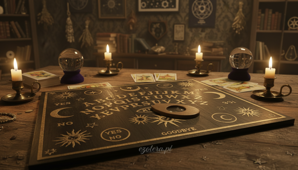 A vintage Ouija board displayed prominently in the foreground, intricately designed with ornate symbols and letters, glistening under a soft, mysterious candlelight that casts flickering shadows. The board sits on a rustic wooden table, with a stylized planchette made of polished wood, hinting at its mystical purpose. In the middle ground, faintly visible crystal spheres and tarot cards add to the spiritual ambience, suggesting a meeting of the past and present. The background features a dimly lit room with dark, rich textures and walls adorned with antique mystical artifacts, creating an eerie yet inviting atmosphere. The overall mood is one of intrigue and historical depth, perfectly encapsulating the cultural context of the Ouija board. The brand name "ezotera.pl" subtly incorporated into a corner of the scene.