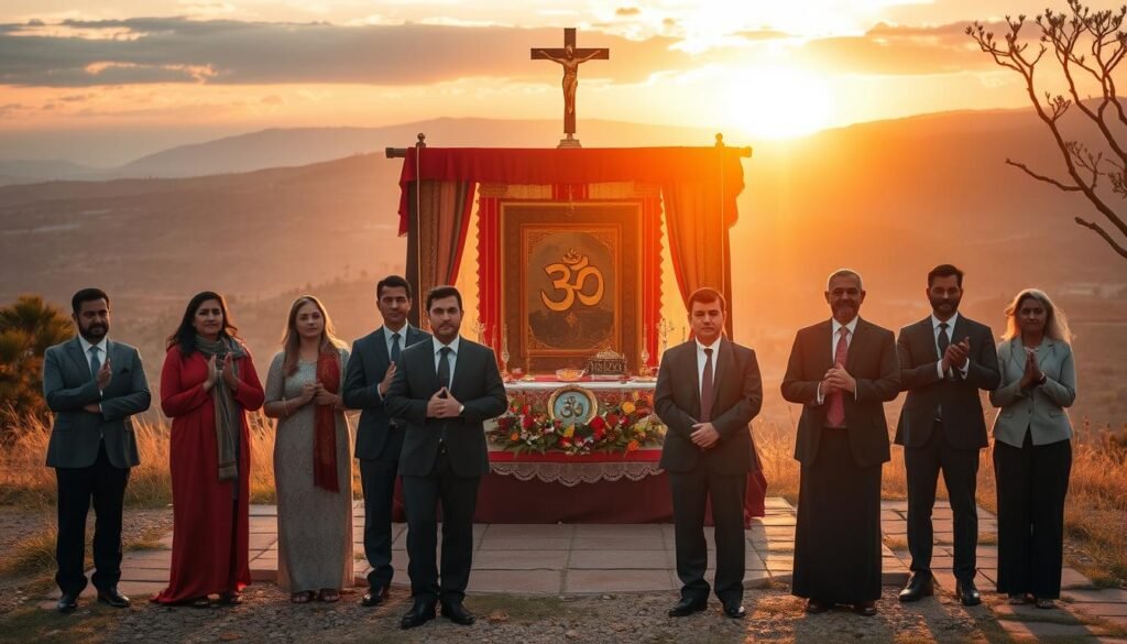 A visually striking composition that embodies the theme of "values in religion" amidst controversial rituals. In the foreground, a diverse group of solemn individuals dressed in professional business attire, representing various faiths, stand in a contemplative pose, holding symbols of their religions—like a cross, a crescent moon, and an om symbol. The middle ground features a symbolic altar adorned with colorful fabrics and ritual objects, subtly highlighting the unity of spiritual practices. The background showcases a serene landscape with a sunrise casting warm, golden light, symbolizing hope and understanding. Emphasize the interplay between light and shadow to convey a mood of introspection and contemplation. Ensure the image has no text overlays or watermarks. Include the brand name "ezotera.pl" as a subtle element in the design.
