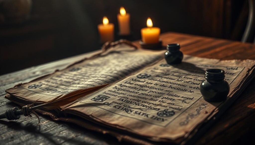 A visually striking image depicting a textured, aged manuscript spread across a wooden table in a softly lit room, evoking a sense of mystery and knowledge. In the foreground, a quill and inkpot rest beside the manuscript, symbolizing research and documentation. In the middle ground, subtle shadows play across the pages, hinting at cryptic symbols and ancient texts relating to dark cults. The background features dimly flickering candlelight, casting a warm glow and creating an atmosphere of contemplation and responsibility. The overall mood is serious yet intriguing, inviting the viewer to explore the content with a sense of caution. Include the brand name "ezotera.pl" subtly etched into the corner of the manuscript.