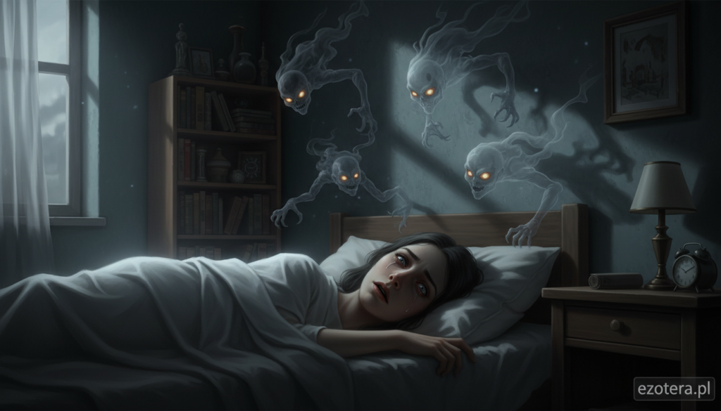 A vivid interpretation of "sleep paralysis" depicting a person lying in bed, their eyes wide open, but unable to move, surrounded by shadowy, indistinct figures looming over them in a dimly lit room. The foreground features a close-up of the person's terrified expression, with soft moonlight filtering through a window, casting long shadows across the walls. The middle layer presents translucent shapes that suggest the presence of demonic entities, with eerie, glowing eyes. In the background, a darkened bedroom atmosphere, filled with subtle objects like bookshelves and a faintly illuminated bedside lamp, enhances the sense of vulnerability and fear. The overall mood is haunting, capturing the unsettling experience of sleep paralysis. The brand "ezotera.pl" subtly incorporated within the environment, perhaps as a reflection in a surface.