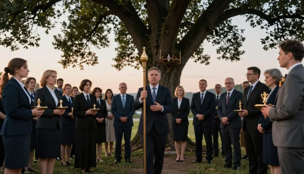 A vivid scene depicting a public ritual, showcasing a diverse group of individuals dressed in professional business attire, engaged in a ceremonial act beneath a large, ancient tree. The foreground features a central figure leading the ritual, passionately holding a ceremonial staff, surrounded by participants who hold various symbolic objects. In the middle ground, onlookers observe attentively, capturing the atmosphere of community and belief. The background includes a softly illuminated twilight sky, casting a warm glow over the participants, enhancing the significance of the moment. The lighting is soft and ethereal, reminiscent of sacred celebrations, creating a respectful and contemplative mood. The image should convey both the collective experience of public rituals and a sense of reverence. This artwork will reflect the essence of "Rytuały odprawiane publicznie" for ezotera.pl.
