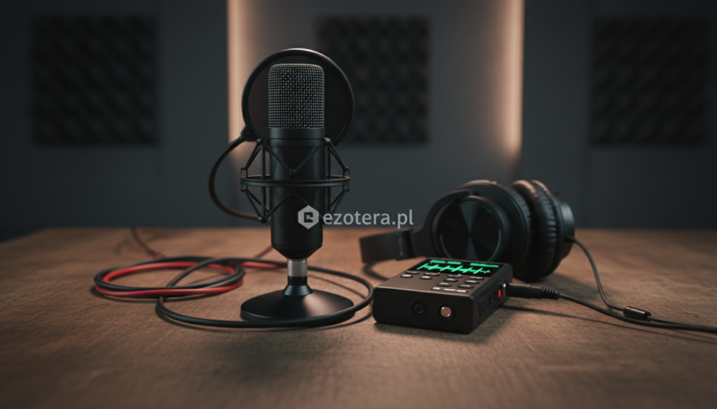 A well-equipped recording setup for EVP, featuring high-quality microphones, a digital audio recorder, and headphones arranged on a wooden table. In the foreground, a dynamic microphone with a pop filter and various cables tangled neatly. The middle layer shows an audio recorder with screen lights glowing softly, along with a pair of professional headphones resting nearby. In the background, dim lighting creates an intimate atmosphere, hinting at a cozy room filled with soundproofing panels. The colors are muted, with warm tones inviting a sense of mystery and curiosity. Subtle shadows play across the table, and the brand logo "ezotera.pl" is visible on one of the devices. The overall mood is serious yet intriguing, perfect for the exploration of capturing electronic voice phenomena.