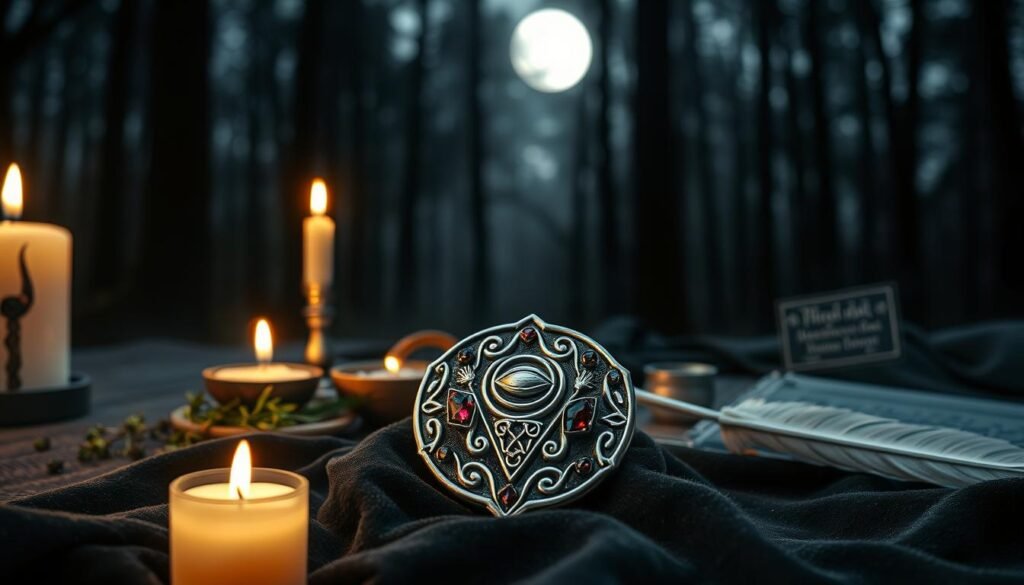 An intricately designed "amulet ochrona" featuring a blend of symbols representing protection, such as an eye, a shield, and knot patterns, crafted from silver and adorned with vibrant gemstones. In the foreground, the amulet is displayed on a dark velvet cloth, catching soft candlelight. In the middle ground, mystical herbs and ritual tools like a small bowl of salt and a feather are carefully arranged. The background softly fades into a shadowy forest, illuminated by the moonlight filtering through the trees, creating an ethereal atmosphere. The scene conveys a sense of ancient wisdom and mystery. Capture this in a realistic style with a shallow depth of field, focusing sharply on the amulet while the surroundings blur gently. Brand name: ezotera.pl.