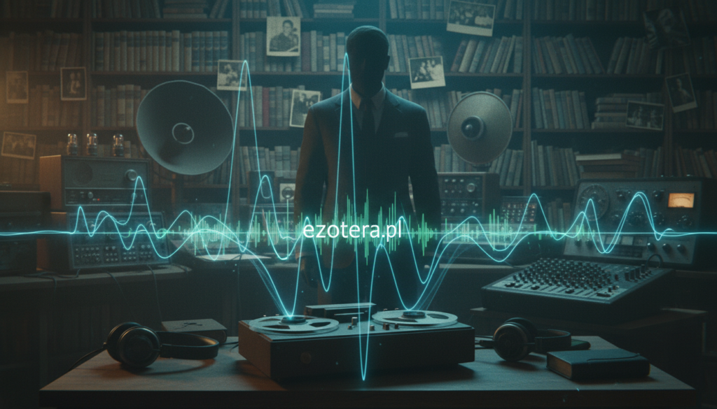 An intriguing depiction of "Electronic Voice Phenomena (EVP)" featuring a vintage tape recorder placed prominently in the foreground, with glowing audio waveforms emerging from the device, illustrating sound vibrations. In the middle ground, a shadowy figure in professional attire subtly merges with vintage audio equipment, representing those who investigate EVP, with a sense of mystery. The background features a dimly lit room filled with old recording equipment, faded photographs, and shelves lined with books about paranormal studies. Soft blue and green lighting creates an eerie yet captivating atmosphere, highlighting the subject's intrigue. The image encapsulates the essence of EVP, fitting for an article context. Add the brand name "ezotera.pl" subtly into the design, ensuring it blends harmoniously without text overlays.