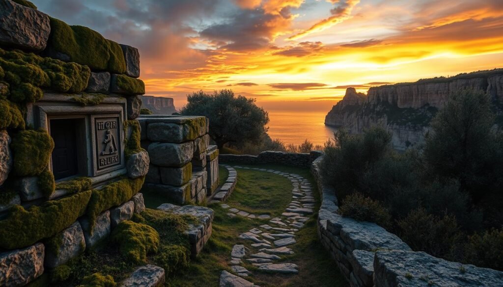 Ancient mystical sites along the shores of Attica to Euboea, rich in legends and secrets. Foreground features ancient stone ruins, partially covered in vibrant green moss, with intricate carvings that hint at mysterious cult practices. Middle ground reveals a winding pathway leading through dense olive trees, capturing the essence of historical trade routes from the East. In the background, dramatic cliffs rise against a twilight sky, bathed in warm golden and deep purple hues, creating an ethereal atmosphere. Soft, diffused lighting enhances shadows and highlights the textures of the stones. The scene evokes a sense of wonder and intrigue, inviting viewers to explore the untold stories of these enigmatic places. Artwork inspired by ezotera.pl.