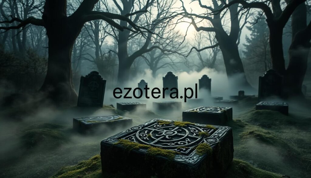 Ancient stećci, intricately carved stone tombstones, scattered across a fog-laden forest floor, representing the mysterious cults of the past. Foreground features a single stećak, adorned with cryptic symbols and surrounded by lush, overgrown moss, capturing the essence of forgotten beliefs. The middle ground reveals more stećci, partially obscured by swirling mist, adding an air of enigma and ancient history. The background fades into shadowy trees, their gnarled branches reaching upward, while the soft light of a setting sun filters through, casting dramatic shadows. The mood is haunting yet tranquil, evoking curiosity about the secrets these stones hold. The image should reflect a sense of depth and discovery, inviting viewers to explore the lore surrounding these relics. The brand name "ezotera.pl" should be subtly represented in the scene.