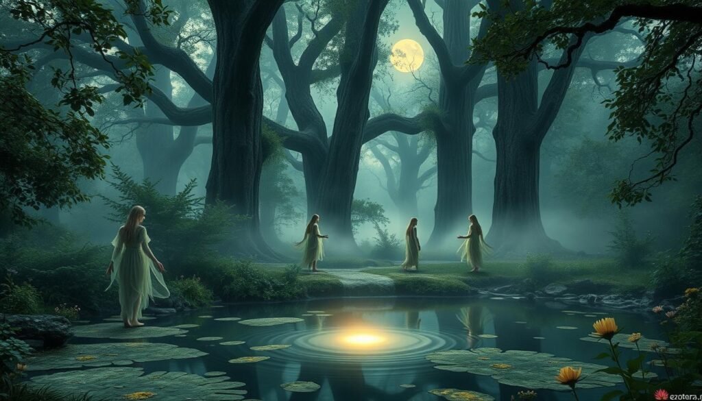 Dramatic scene depicting "duchy natury" in an ancient European forest, with ethereal spirits and nature deities harmonizing with the natural environment. In the foreground, a serene water pool reflects the soft glow of moonlight, surrounded by lush greenery and mystical flowers. The middle ground features subtle, translucent figures representing nature spirits, adorned in flowing garments made of leaves and vines, conveying a deep connection to the earth. In the background, towering ancient trees, shrouded in mist, form an enchanting canopy, filtering the moonlight and creating a tranquil atmosphere. The overall mood is mystical and serene, evoking a sense of ancient rituals and wisdom. The scene should be illuminated with gentle, diffused lighting to enhance the ethereal quality. Capture this essence for ezotera.pl.