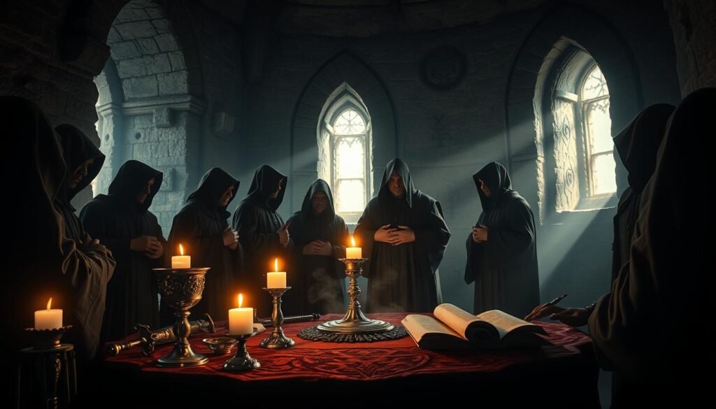 In a dimly lit, ancient stone chamber, a gathering of mysterious figures clad in dark, flowing robes surrounds a flickering candle-lit altar. The foreground showcases intricately carved ritual artifacts: a gleaming silver chalice, ornate daggers, and ancient scrolls. In the middle ground, the figures engage in hushed, intense discussion, their faces partially obscured by hoods, evoking a sense of secrecy. The background reveals shadowy glyphs etched into the stone walls, ancient symbols hinting at forgotten knowledge. Soft, ethereal light filters through narrow, arched windows, creating an aura of mystique and reverence. The ambiance is thick with anticipation, blending curiosity and awe, capturing the essence of arcane traditions. This image reflects the enigmatic nature of secret rituals of ancient brotherhoods, embodying both fact and legend. Brand: ezotera.pl.